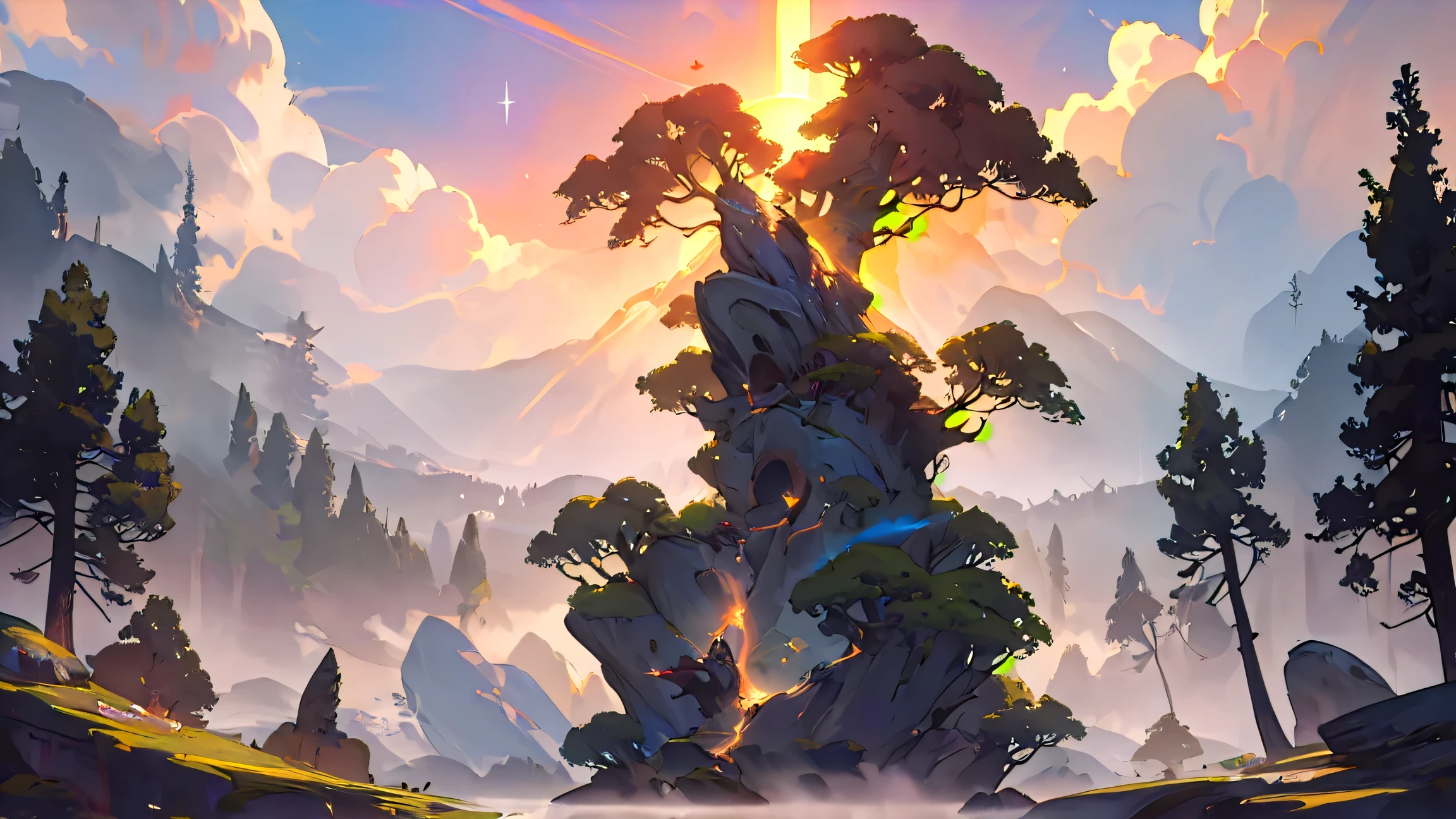 arcane style,(masterpiece, best quality, ultra-detailed, award-winning concept art), a breathtaking, cinematic fantasy scene of a colossal majestic tree with glowing roots, perched and rooted atop a floating stone island in the sky, centered perfectly in the frame. the whole tree must be seen fully. Mystical aura, Surrounded by misty air and magical particles. Distant mountain range fades into the sunrise mist. Beautiful sky (golden hour dawn sky, dramatic cloud layering, soft sunbeams)