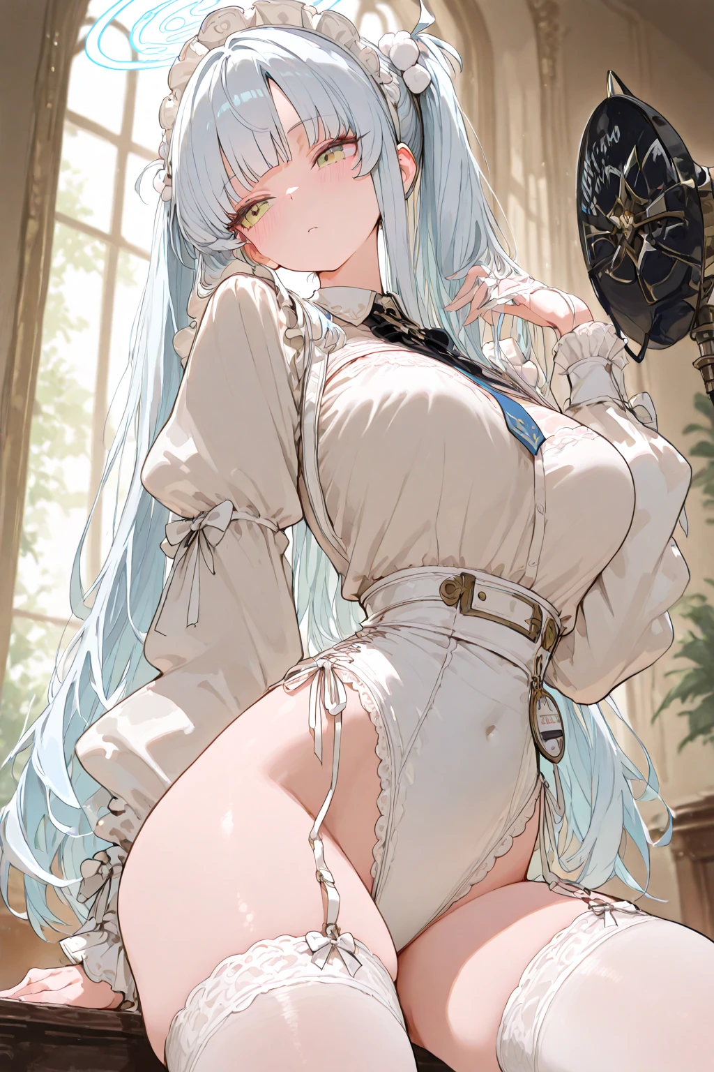 ((put both hands on their face)), ((surprised)), ((facing forward)), (blush), one girl, elf, silver hair, red eyes, bob cut, braided hair, fantasy style costume, wizard, robe, long skirt, tights, indoors, kneeling, concept art, beautiful anime scene, beautiful anime scenery, masterpiece, top quality, 4K