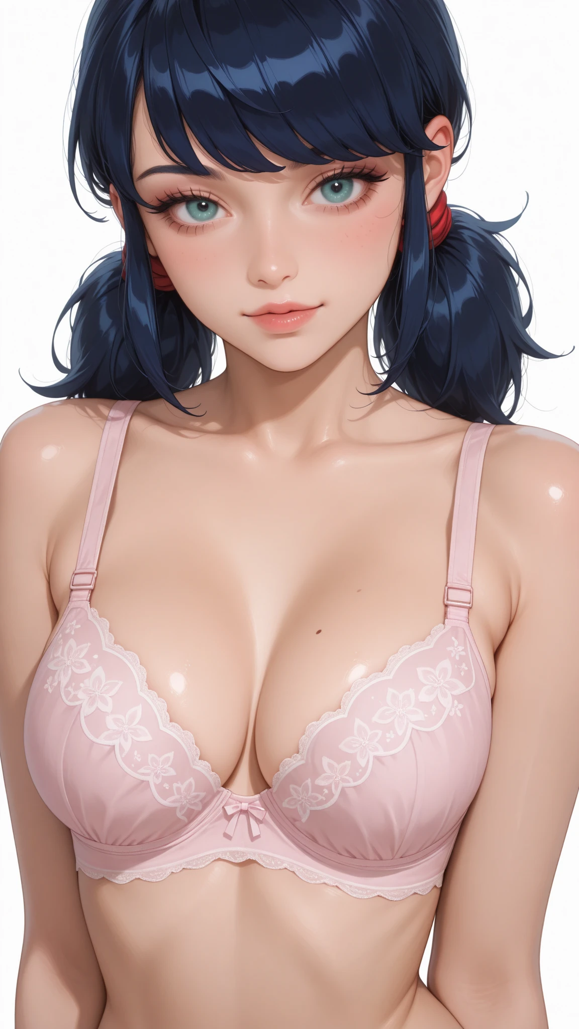 realistic, Super photoreal illustration, High resolution, Super detailed, (absurd,absurd),(blush:1.3),(high definition skin:1.4), shining eyes, goddess, shiny skin, beautiful and detailed face, realistic skin texture, expressive eyes, luscious lips, glossy lips, natural makeup,good hand, perfect hands, A very beautiful woman is standing,(whole body:1.3), Medium chest,
break
1girl, chestnut hair, layered bob ,(asymmetrical slanted bangs:1.2),blue eyes,
break
((She is wearing a magenta colored bra with white lace:1.3)), lace garter belt, lace thighs, looking at the viewer,
break
(white background:1.2)