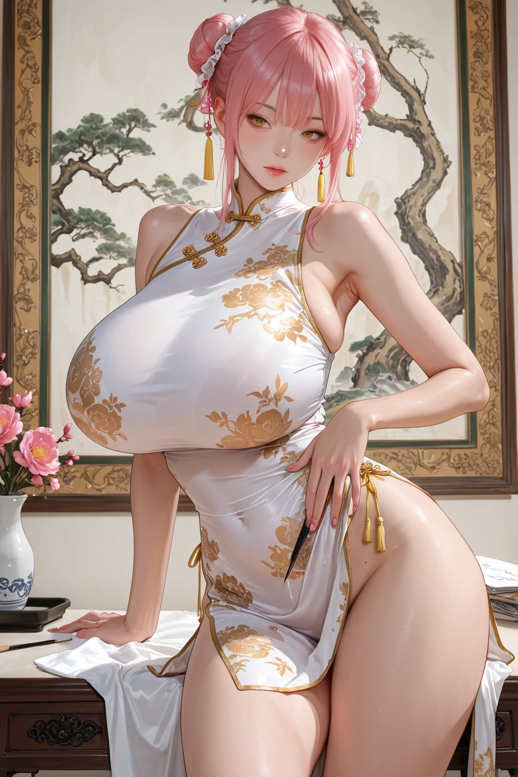 NSFW,((highest quality, 8k, masterpiece :1.3)), 1 girl, pretty woman with thin abs :1.3, (medium short hair, huge breasts :1.2), pajamas:1.1, super detailed face, fine eyes,