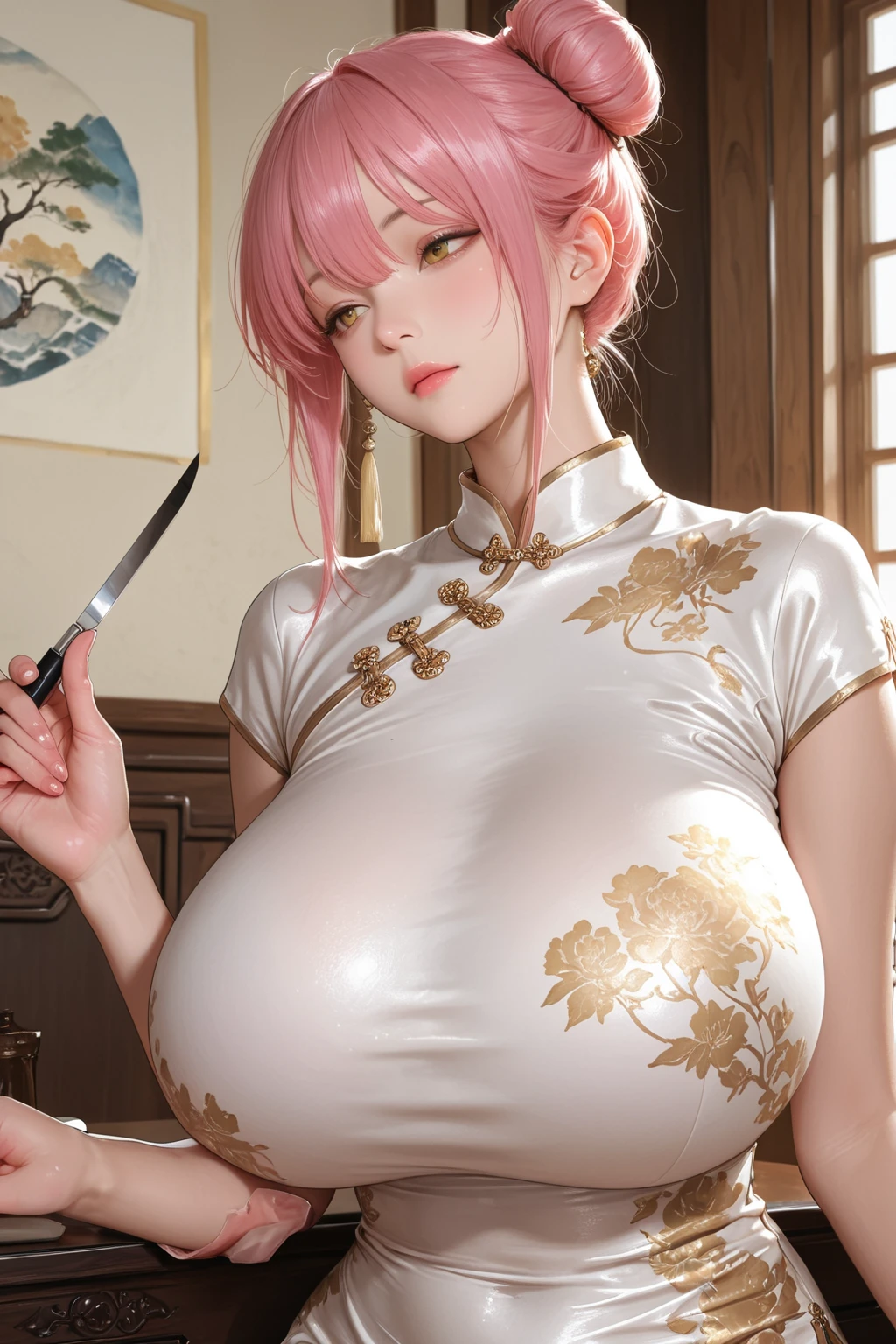 realistic, masterpiece, best quality, thick thighs, (wide hips:1.25), (gigantic breasts:1.45), 1girl, (pink hair:1.2), looking at viewer, (narrow waist:1.25), cleavage, upper body, pink background, medium hair, hanfu