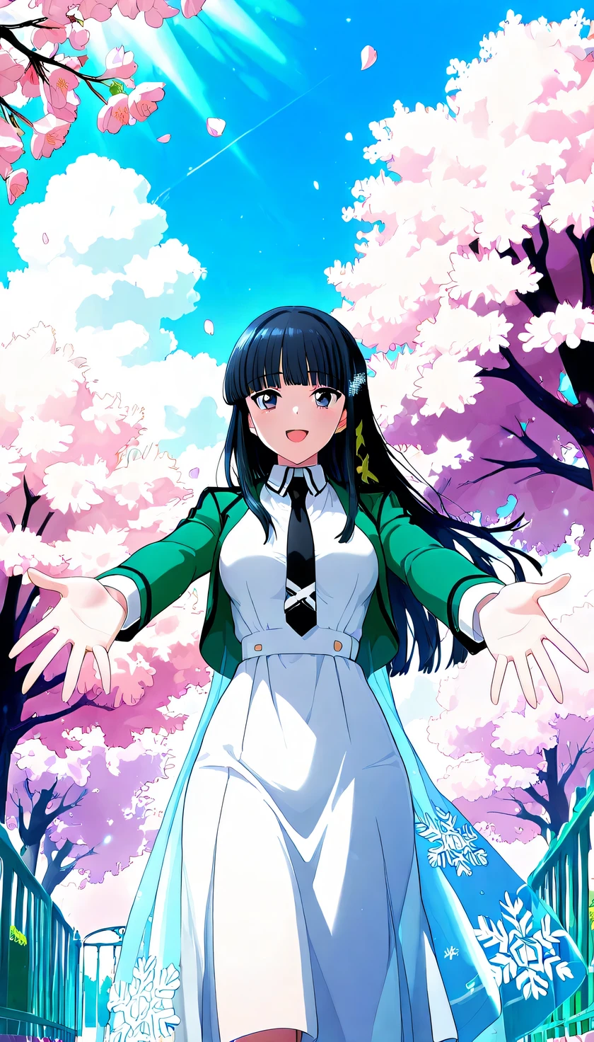 {{{masterpiece}}}, (best quality:1.5), (ultra-detailed:1.5), {illustration}, {{an extremely delicate and beautiful}}, (beautiful detailed eyes:1.6), absurdres, highres, extremely detailed face, 16k, hd, visual anime de uma jovem mulher, extremamente bonito rosto de anime, anime melhor garota, (perfect hands, perfect anatomy), (five fingers:1.1), anime face, Shiba Miyuki(The Irregular at Magic High School), 1girl, solo, cute face, siboshenxie, black hair, long hair, blunt bangs, sidelocks, snowflake hair ornament, yellow x hair ornament, black eyes, blue eyes, medium breasts, big hips, curvaceous, BREAK, {school uniform}, MiyukiSchool, green cropped jacket, green long sleeves, (open jacket:1.2), white dress, long dress, see-through dress, collared shirt, white collared shirt long dress, black X necktie, translucent shimmering overlay, print dress, blue dress, snowflake print, BREAK, school yard, smile, outdoors, tree, falling petals, cherry blossoms, daytime, In front of the school gate, outstretched arms, open mouth, under the sunlight , from below, sky