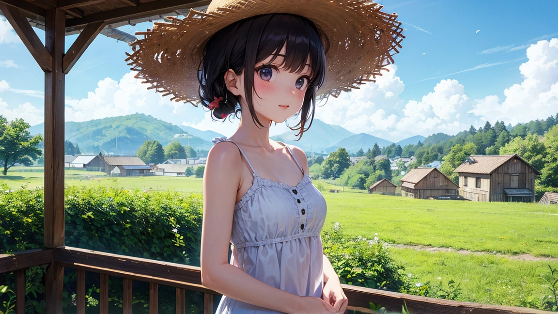 Under the blazing sun、Hot midsummer day。girl sweating。Wipe the sweat from one's forehead with one's hand。smile。