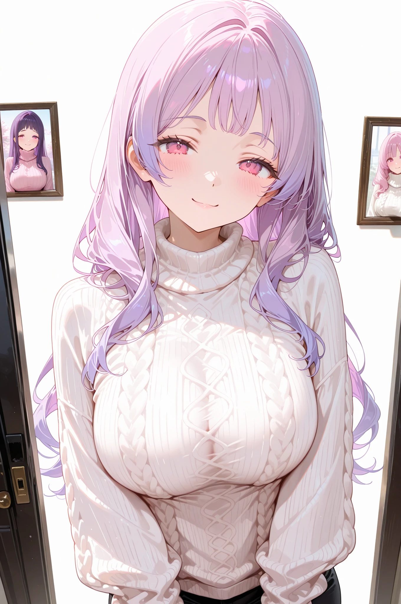 score_9,score_8,score_7,score_8_up,score_7_up Anime girl illustration posing in sweater, 1 girl, breasts, solo, animal ears, looking viewer, big breasts, mouth open, side boob, purple eyes, blush, purple hair, smile