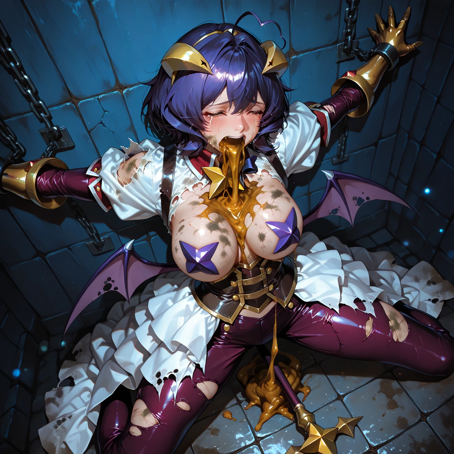 NSFW, 8k, 4k, Perfect Anatomy, Exact number of legs, Exact number of arms, masterpiece, high quality, best quality, high detail, detailed light, best shadow, textured skin, (Realistic), (crying, scared, blush:1.5), closed_mouth, smug, ((love juice)), ((big breasts)), ((1girl, solo, aura the guillotine, long hair, horns, purple eyes, purple hair, braid, twin braids, choker)), (front view, from front, looking at viewer:1.5), slender, ((restrained)), (tied, shibari, tied up with rope:1.5), ((erected puffy nipples)), (armbinder, bound arms:1.4), (arms behind back:1.5), (spread legs:1.7), (sitting on the toilet bowl:1.5), ((toilet)), (pee, peeing, piss:1.3)