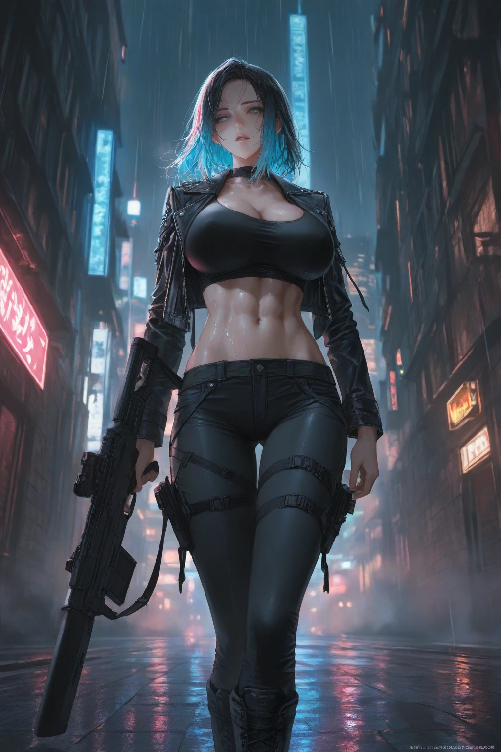 1girl, a female wearing a cyberpunk jacket style , (mechanical arms:1.5), cyberpunk theme, futuristic, tempting look, cleavage,(( cyberpunk short sleeve jacket)), futuristic t-shirt, choker, gloves, (no bra:1), (breast:1), (niple:1), leather pants, (((masterpiece))), ((best quality)), ((intricate detailed)), ((Hyperrealistic)), 8k, a woman with perfect body figure wearing cyberpunk cloth, pale skin, (huge breast), highly detailed, illustration, perfect hands, detailed fingers, beautiful detailed eyes, blue hair, black hair, multiple color hair, short hair, (cyberpunk:1.2), armor, detailed background, cyberpunk city , night, neon lights, lens flare, tempting look, looking at the viewer, from the front, reelmech <lora:knight_v4.1SD:1> <lora:reelmech1v2:0.4>