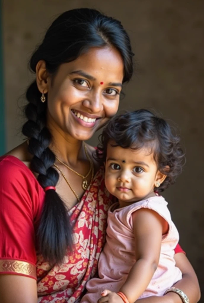 South Indian dark skin women having 2year old baby and face the camera and standing