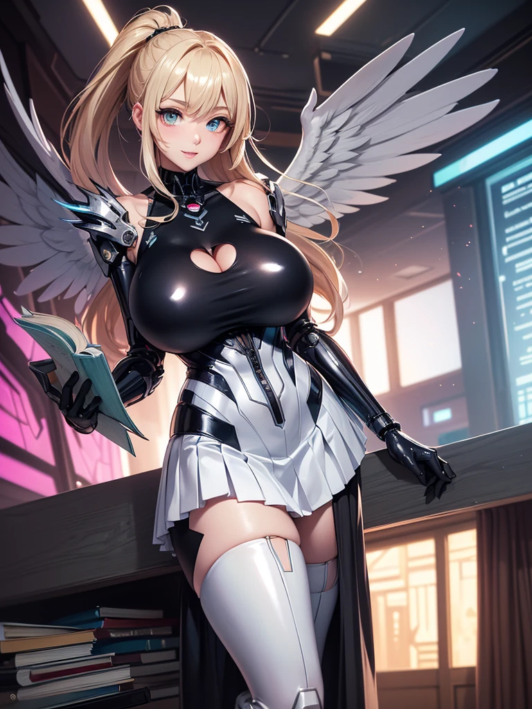 (((masterpiece))), (((best quality))), ((ultra-detailed)), (illustration), ((an extremely delicate and beautiful)), ((super detail)), ((high resolution)), (((20 years old))), metallic cloth, (maid), (android), ((mechanical wings)), delicate metal decorations, gleaming skin, shiny body, two legs, breast focus, (((tall))), slender legs, ((big round eyes)), cute eyes, drooping eyes, ((adult)), two hands, five fingers, no extra hands, elegant smile, braid, medium length hair, ((metallic)), (see-through), (dark blonde), (ultra-huge breasts), (((safe for watch))), (shining brightly), outdoor, mini skirt, city, daytime, ((biopunk)),