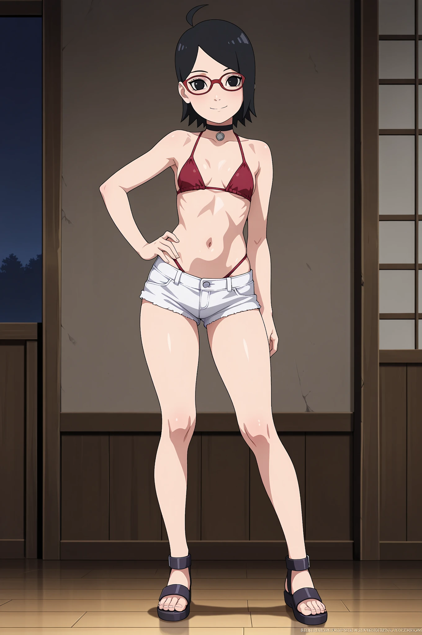 best quality, (masterpiece:1.2), detailed,
shinomiya kaguya,
1girl, solo, closed mouth, light smile,
black hair, red eyes, short hair, folded ponytail, hair ribbon,
Black Bikini、swim wears、Slightly bulging red ribbon,
standing, looking at the viewer,
classroom