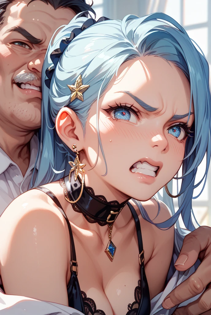 score_9, score_8_up, score_8, source_anime, a sexy slave girl (getting choked by a man:1.3), rainbow hair, dark skin, heterochromia