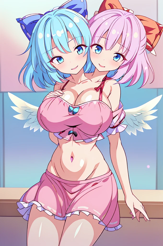 (masterpiece, best quality), best quality, (ultra-detailed), (3heads:1.5), 1girl, (mai:1.3), masterpiece, best quality, ultra quality, ultra resolution, ultra detail, light pink top, crop top, ((stomach)), midriff, ((groin)), light pink skirt, normal ears, shackles, blue hair, very long hair, wavy hair, pigtails, light-blue eyes, parted lips, detailed eyes, sweat, cute, toned belly, hand on own chest, eyelashes, (24 year old woman:1.3), (masterpiece:1.5), (best quality:1.5), (beautiful detailed), extremely detailed CG, extremely delicate and beautiful, depth of field, (finely detailed face), (perfect details:1.2), (mature female:1.3), wide pelvis, slender, large veiny breast, 16k resolution, highres, very high quality, very high definition, extremely detailed, masterpiece, blue hair, long hair, alluring presence, braid, short skirt, close up, very big tits, huge tits, young, light pink bow in her hair, small light pink wings, girl with three heads,