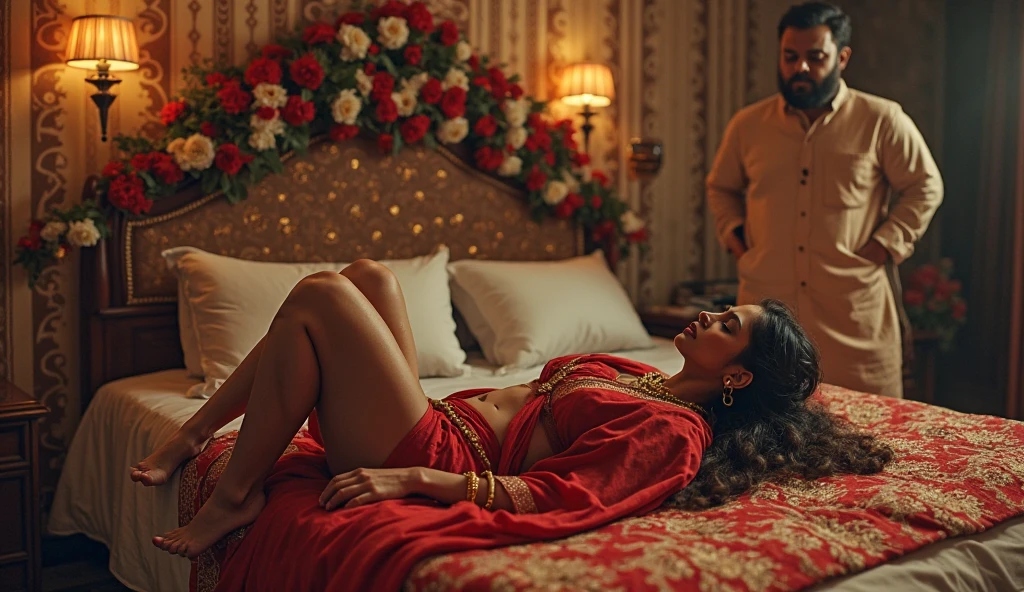 •	(((An intimate scene in a hotel room, where an Indian husband, dressed in a crisp white kurta pyjama, is sitting on the plush sofa, his eyes fixed on the erotic display unfolding in the king-sized bed))). (((His beautiful wife, clad in a red and gold choli and a flowing dupatta, is lying on her back with her legs spread wide, invitingly exposing her smooth, shaven mound to the two black men who are vigorously pumping into her))). One of the black guys, wearing only black briefs, is standing between her legs, thrusting his hips forward while gripping her waist tightly. The other man, dressed similarly, kneels beside the bed, his free hand running through her long, black hair as he thrusts into her with abandon. The air is thick with desire and passion as sweat beads on their foreheads and their bodies slap against each other in a rhythmic dance. The hotel room is dimly lit, casting a seductive glow over the scene, and a large mirror on the opposite wall reflects their entangled forms, creating a dizzying visual display of lust and raw sexuality. The husband watches, transfixed, as his wife's moans of pleasure fill the room and her body is taken by two powerful, insistent cocks. The image captures the intense emotions of jealousy, desire, and submission that swirl through him as he helplessly watches his wife's ultimate surrender to the black men's carnal desires.