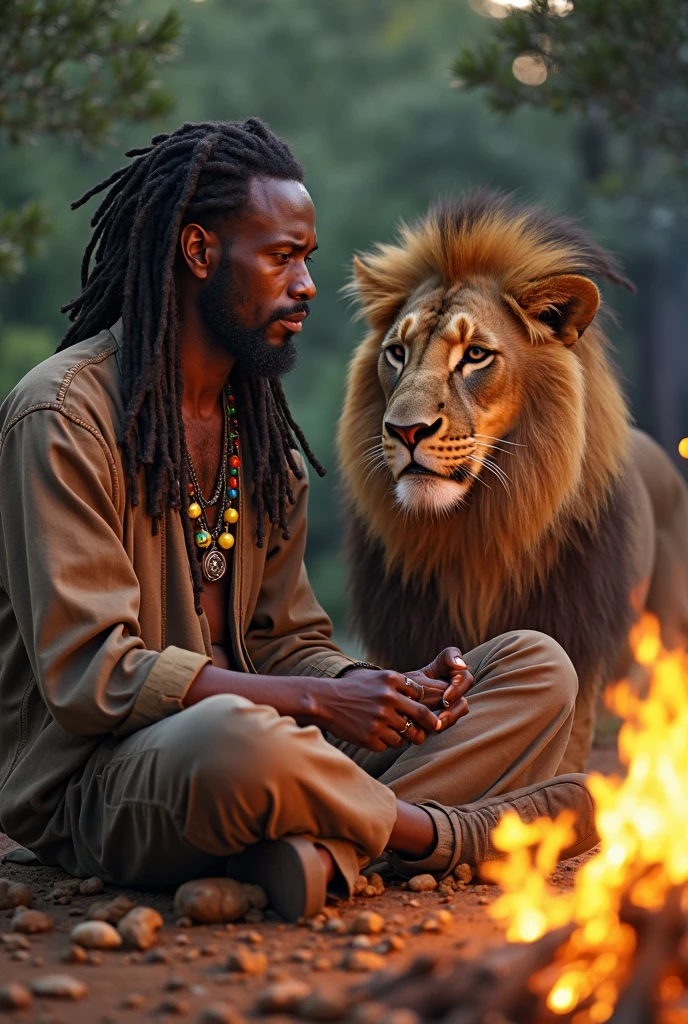 Create a realistic image, kimono that belongs to a black man who is a karate fighter, African style, musculoso, wearing braided hair, wearing a white kimono with a black one, with a tiger sitting next to you