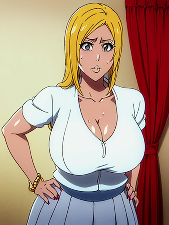 (masterpiece, best quality, high resolution, 2D, anime cels, megami magazine, 8K, Official art, sharp line), katejina loos, 1girl, light smile, blush, blonde long hair, headband, (huge breasts:1.2), cleavage, (white bikini), (upper body, standing), (perfect detailed anatomy, beautiful detailed eyes, beautiful detailed face, perfect body, shiny skin), simple background, 