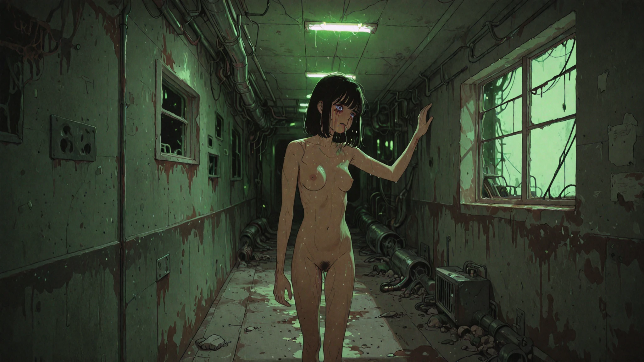 , ((((completely naked)))) , (((8K,2 thousand.))),(tmasterpiece))), (((beste-Qualit))), (Ultra-detailed) ((highly detailed CG illustration)), ((Extraordinarily gentle and beautiful face)),,a 1girl,( ConceptArt) , , (tmasterpiece:1.2), (beste-Qualit:1.3), (One backstory, whitebackground: 1.3),(((CHARACTERS OF THE POST-APOCALYPTIC WORLD OF THE WASTELAND))), ((( Post-apocalyptic wasteland))), ((( Extremely embarrassed face))),, ((((Very red embarrassed face) ))), (((hides large breasts))), ((((hid around the corner)))) , (((hide-and-seek))), ((grimalkin)), (((( shows his crotch and with his legs apart)))), ((((leaning )))), ((Bare detailed crotch close-up)), ((((Manga style)))), (Sateen), ((wet skin)), ((((Genitals))))