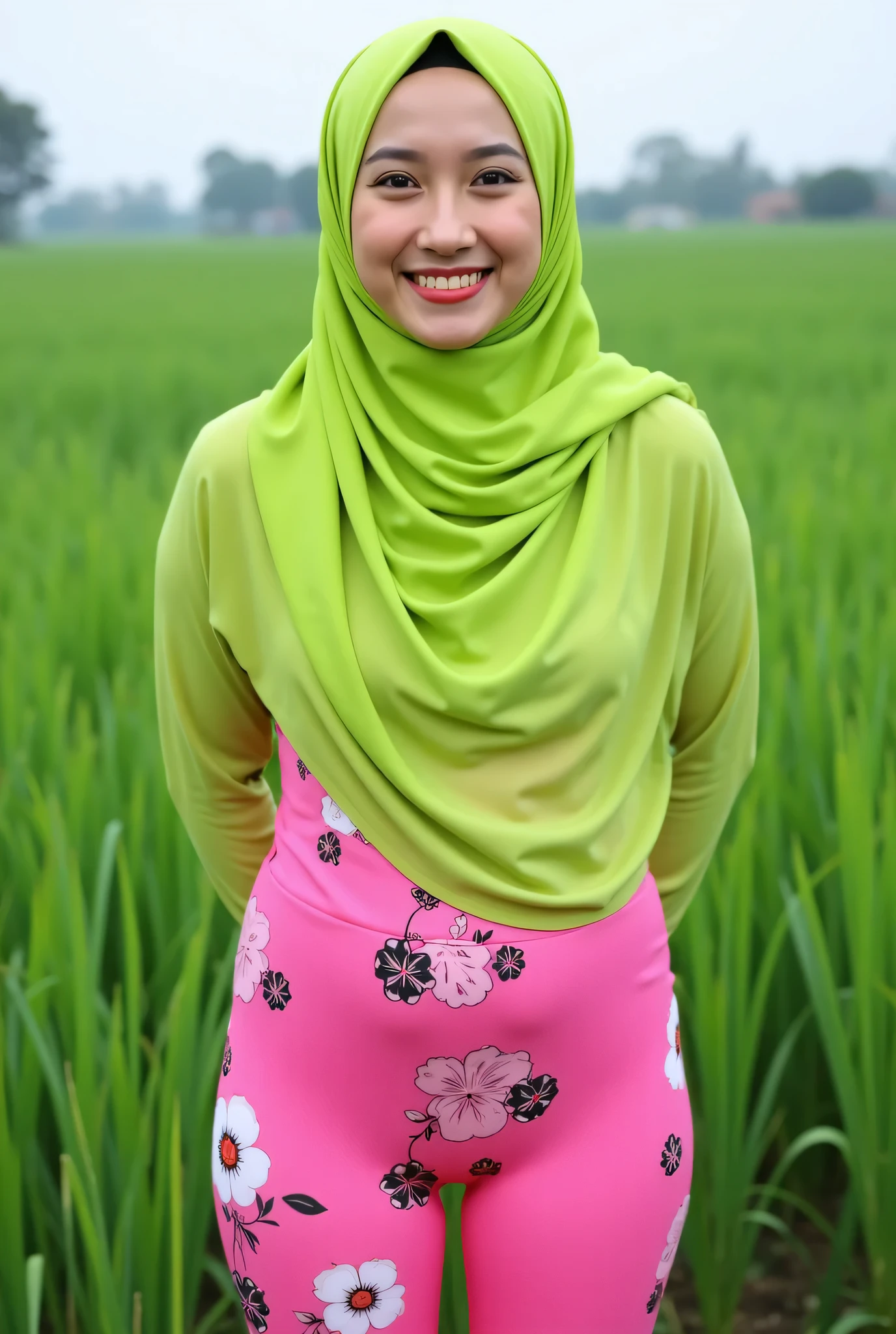 Just Front photo, (Fat body) "Facial expression in Happy Orgasm", Wearing flora print hijab, Skinny hijab skinny hijab skinny hijab skinny hijab, (photorealistic:1.6) (Indonesian green Fluorescent hijab), (mini tiny tights Hotpants), background rice paddy. daytime atmosphere, flat chest!, hands behind back while legs astride, Look from the front you are stupid!, wearing Fully pink flora print tight dress chubby pussy