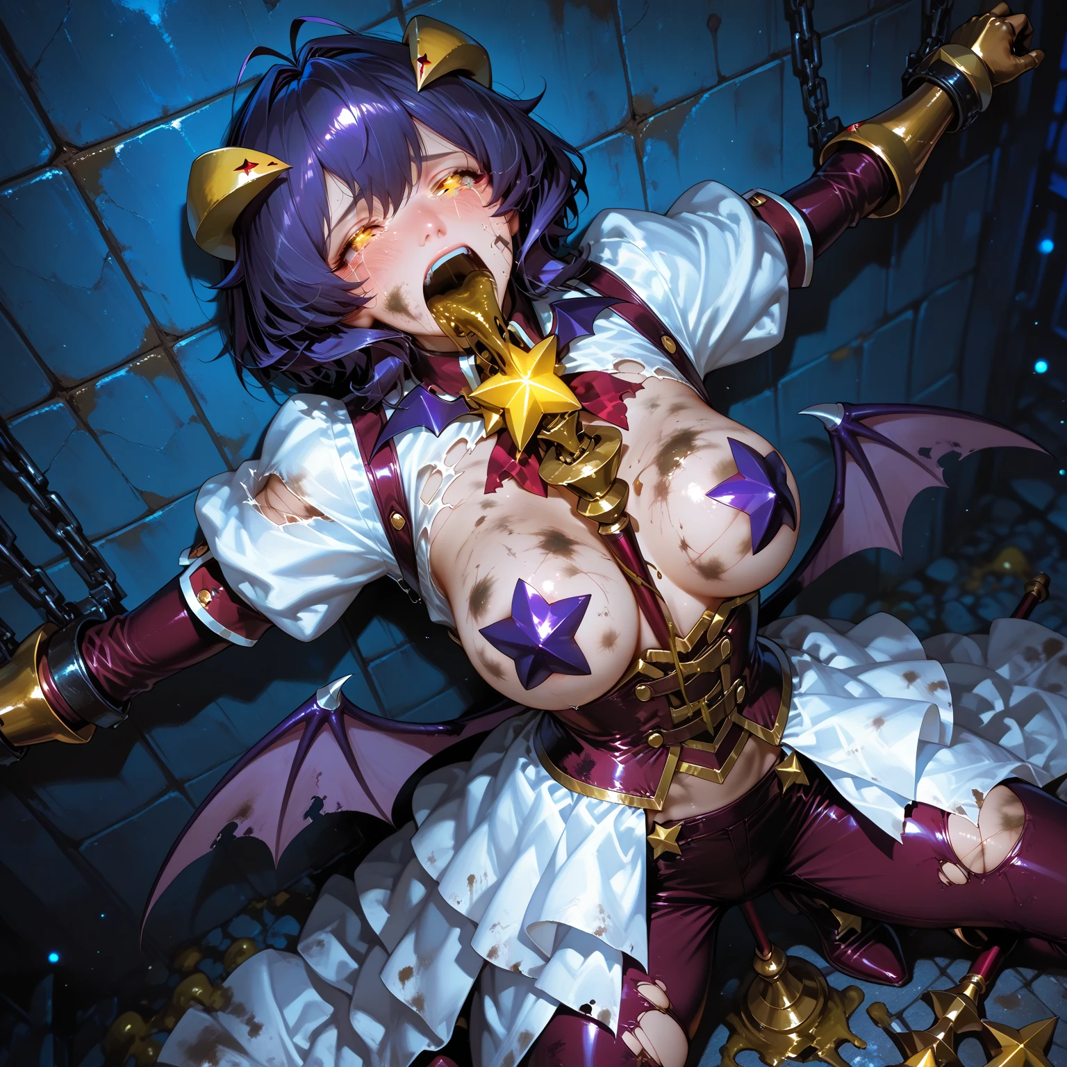 NSFW,masterpiece,Highest quality,High resolution,Super detailed,utenaxl、short hair、Purple Hair、Ahoge、Yellow Eyes、+.+、Hair between the eyes、Yellow Devil's Horn、Devil&#39;s Wings、Purple Pasties、Star Pasties、Puffy sleeves、Bridal Gauntlet、紫のBridal Gauntlet、belly button、Low leg pants、Purple Pants、breastless clothes、corset、白いShowgirl skirt、Showgirl skirt,(Oho face),Embarrassed,blush,Leg spread,excited,Estrus,orgasm,Trembling,(Climax),(Squirting),(Ahegao),Roll your eyes、squint,(Middle-aged men),(Having intense sex),Insert,Creampie,Love Hotel at Night,bedroom,From the back