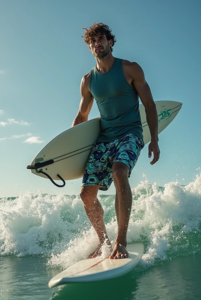 a man on a surfboard, have perfect face. wearing short pants only, without shirt. 
close range shot the man, object in the middle of the shot. big shark with waves background view