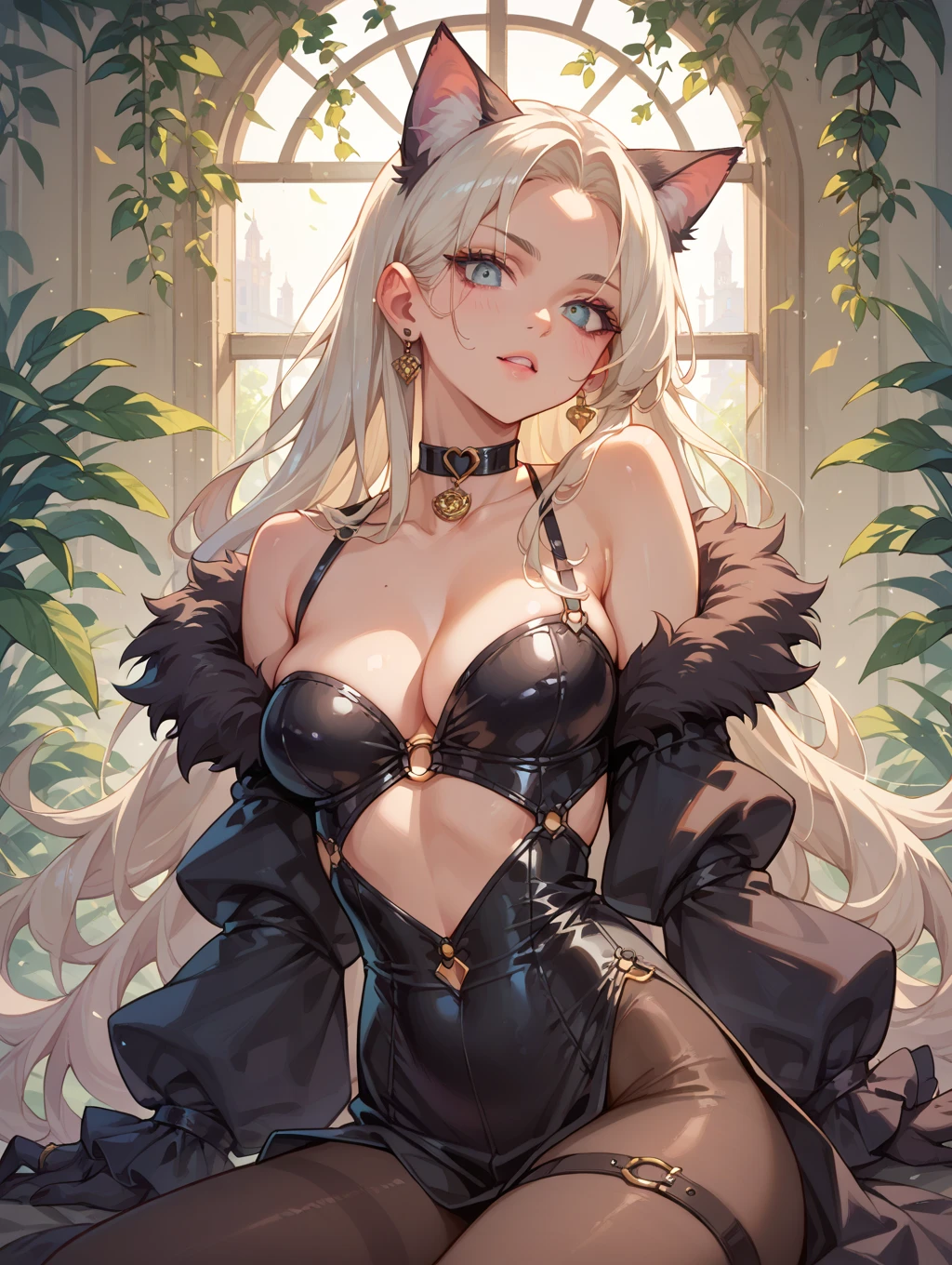 (hi res), ((Masterpiece)) , ((Best Quality)), illustartion, woman's, Cat, average breasts, upper body, furry, big breasts, with lace lingerie, modest, in public