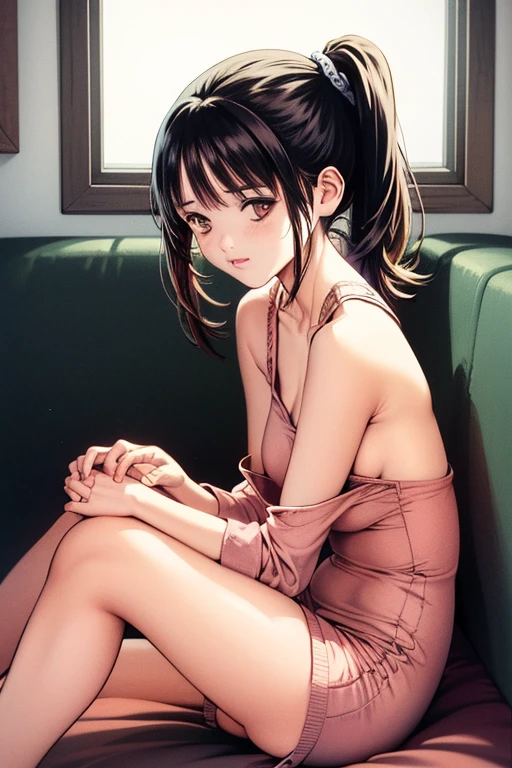 full body girl, 18 years old beautiful black hair with green eyes, naked, curvy body, only wearing decorative garments with gold trim on the abdomen, neck, legs and wearing heels, (heels), (jewelry), (lingerie) (medium breasts large) (open vagina) separating the legs. (naked). (Full body image) showing everything. Looking at the camera, squatting or bent legs with legs apart touching the vagina, (show open vagina) full body of the girl.