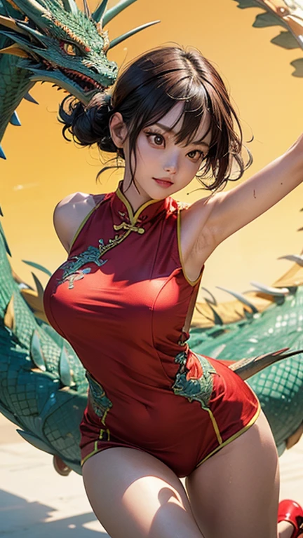 (RAW photos, best quality), (realistic, Photo Realism: 1.3), Extremely Refined and Beautiful, Amazing, Fine Detail, Masterpiece, Ultra Detail, High Resolution, (Best Illustration), (Best Shadow), Intricate, (in a crimson gold Chinese dragon, surrounded by gold dust, black flowers, trees, petals, wind, God, long wavy body, fangs, fantasy, mythology, high quality, highly detailed, masterpiece, epic, particle effects, dynamic effects, (Dragon: 1.4 in front of), clouds, storms, mountains, sunsets, clear focus, volumetric fog, 8k Ultra HD, DSLR, High quality, (Film grain: 1.4), Fujifilm XT3,Official Art, Unity 8K wallpaper, Ultra detailed, Beautiful and beautiful, Best quality, (Zen entanglement, tangled, entangled), (fractal art: 1.4), 1 girl, brunette hair, Chinese, bare shoulders, short skirt, calf, navel, very detailed, dynamic angle, denim lens, (most beautiful chaotic shape), flow, (bright colors), OC, (half: 1.2), china, (tape: 1.3), (Dream: 1.5), (Hanfu: 1.5), Chinese Dragon, (Smile: 0.5), (Chinese God), Realistic, Ultra High Resolution, Complex, Ultra Detailed, (Skin Dents), Female, Detailed Body, (Detailed Face: 1.1), (Contoured Iris), (Watercolor Lenses), (Perfect Eyes), 4K, Gorgeous, (Masterpiece: 1.2), (Best Quality: 1.2), Wide Buttocks, Thick Thighs, (Big Tits: 1.2) and (Big Tits: 1.2), Debauchery, Seductive pose.