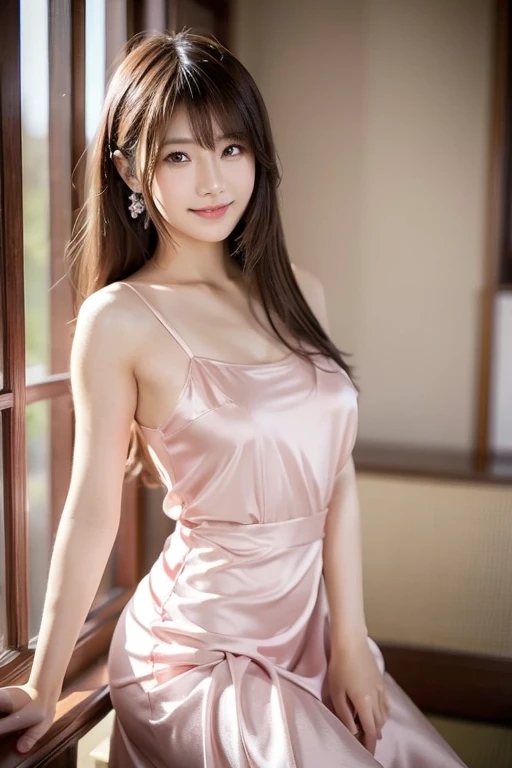8K, masutepiece, Raw photo, Best Quality, Photorealistic, Highly detailed CG Unity 8k wallpaper, depth of fields, Cinematic Light, Lens Flare, Ray tracing, (Extremely beautiful face, Beautiful lips, Beautiful eyes), intricate detail face, ((Ultra detailed skin)) 1girl in, In the Dark, deepshadow, Pretty Korean girl, Kpop Idol, 1 girl, (Very slim and slender fit muscular body:1.3), ((Looking at Viewer)),(Big smile:1.3), (Fashion City Night, a dark night, (Neon sign), (Blurred background), Fashion Street Night),(No people in the background:1.3), pantyhose, Clear eyes, (pale skin), (Big eyes), Face forward, (Brown hairs), (Full body shot), ((Silk pink Color Dress:1.3)), ((tight fit dresses)), ((laced dress)), (Looking at Viewer:1.3), opened breast, Very slim, medium breasts,  Before the eyebrows,(Tight Dress), thick thighs, ((I can see her cleavage)),D cup breasts,barefoot, stting on a desk, Hands clasped above head, ((forward leaning posture)),(Girl sitting),((See-through clothing))