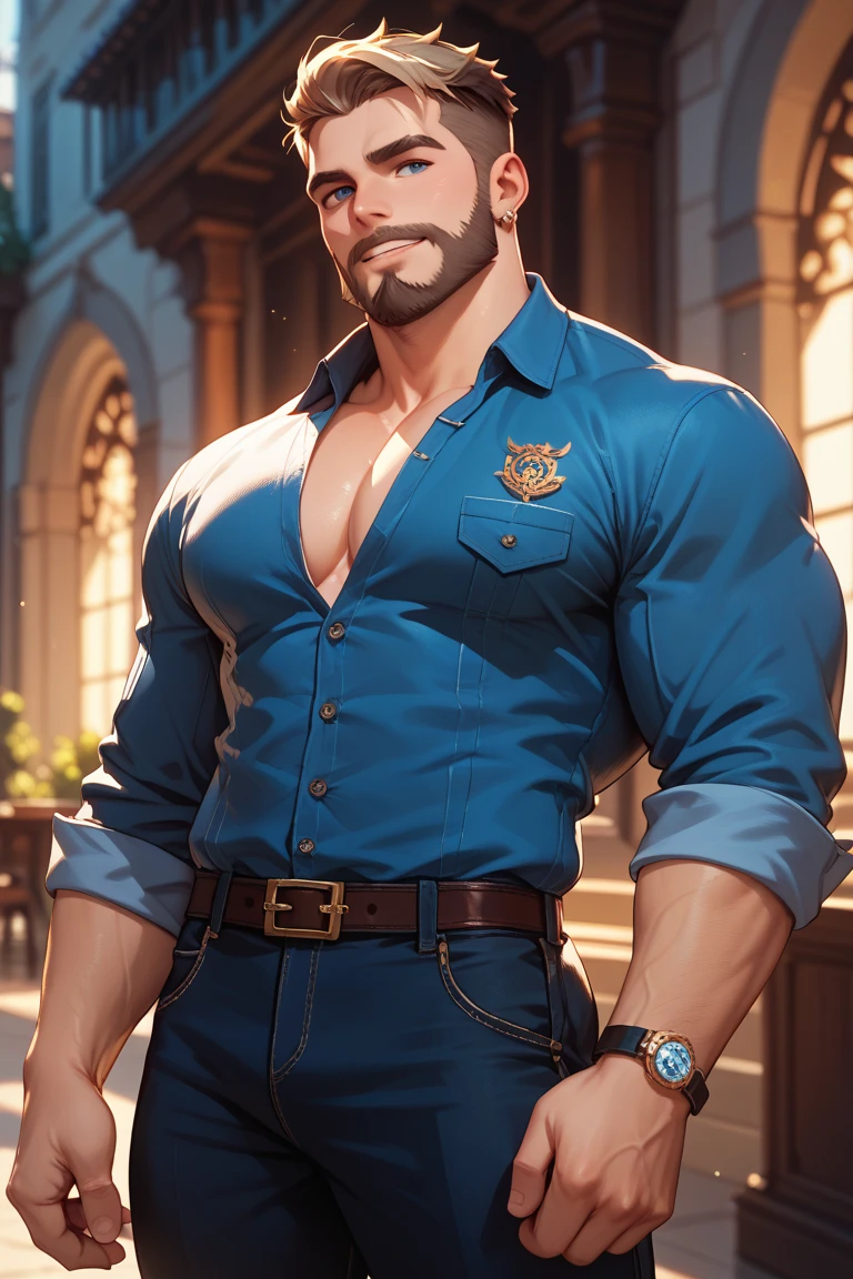 portrait, the most attractive, mature, masculine masculer hairy male, small waist, broad shoulders, future clothes, mustache, blue eyes, dapper cap, seductive look, huge crotch bulge,