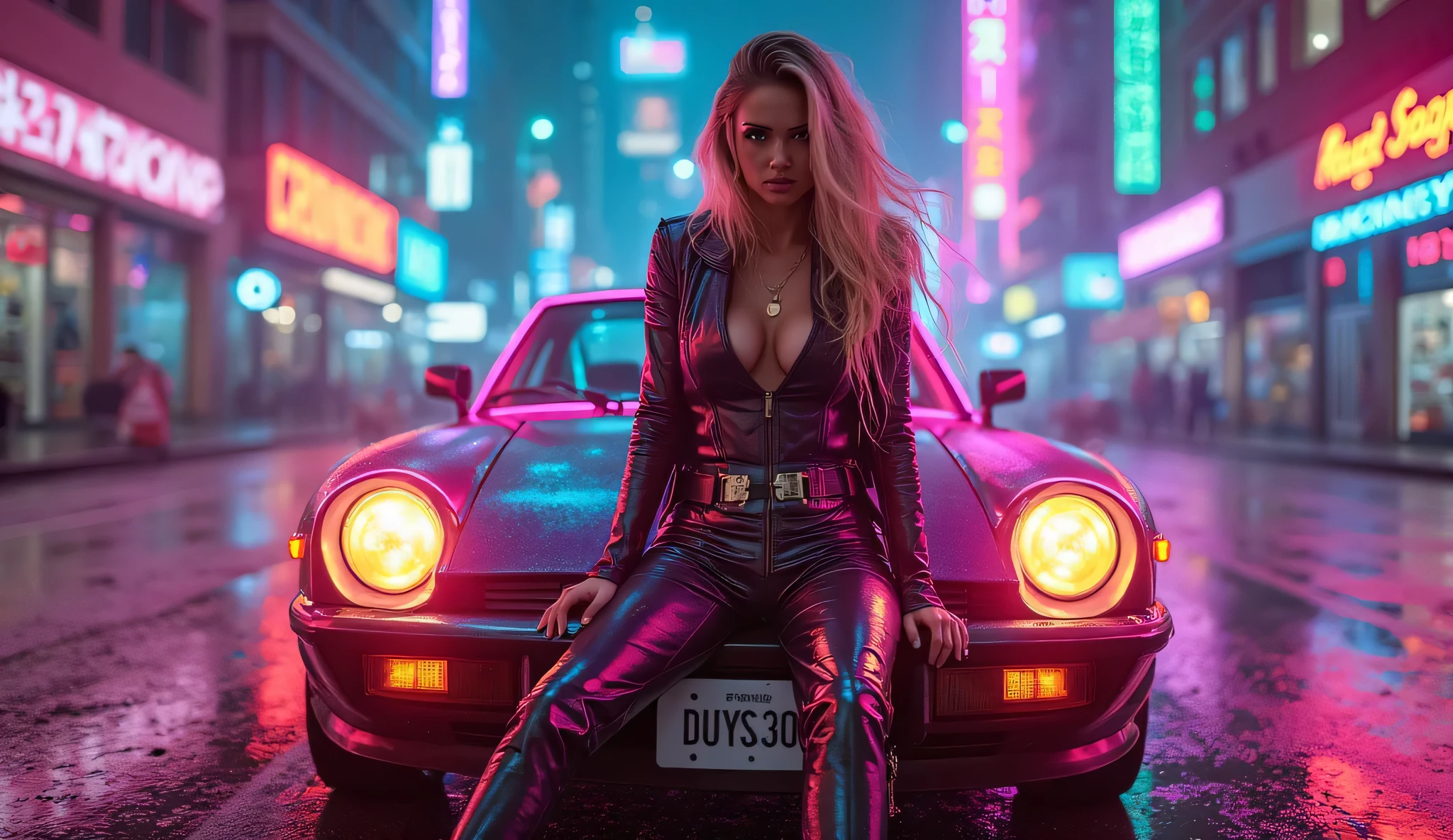 Portrait masterpiece, face closeup, best quality, ((smiling)) naked blonde girl, long messy hair, Cyberpunk boots, wide open jacket, holding jacket open with both hands, (exposed breasts), fully naked, long nipples, sitting on a hood of the car, wide spreading her legs, exposed breasts, hard nipples, showing pussy, hairy pussy, leaking pussy, horny pose, after sex cum, eye-catching accessories, trendy and innovative hairstyle, dazzling Cyberpunk cityscape, skyscrapers, neon signs, LED lights, bright and vivid color scheme, anime, illustration, detailed skin texture, beautiful detailed face, intricate details, ultra detailed, cinematic lighting, dark shadows.