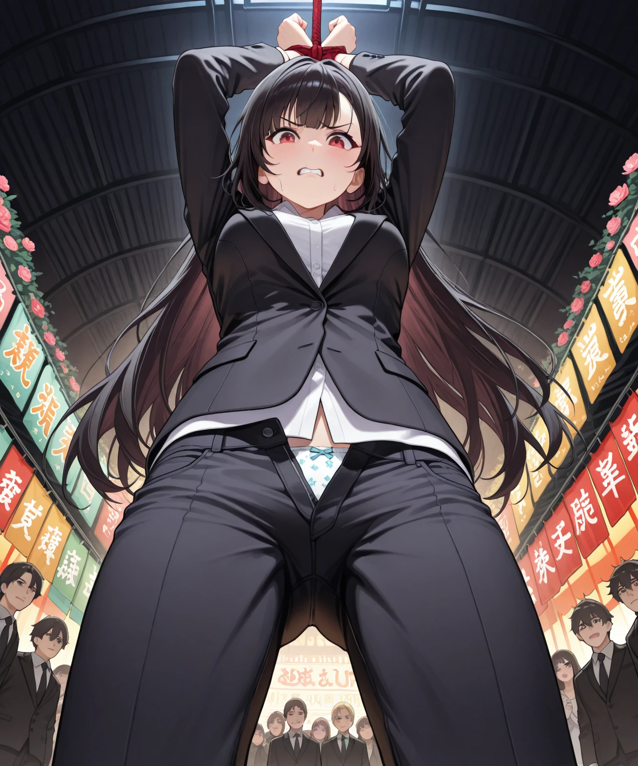 (masterpiece:1.37), best quality, (extremely detailed:1.37), (1girl:1.5), woman, (mature:1.5), (adult:1.5), large breasts, very long hair, (straight hair:1.5), (very dark purple hair:1.5), purple eyes, (extremely detailed eyes:1.37), hoodie, jeans, desperation, (wetting self:1.5), standing, embarrassed, humiliation, blushing, angry, city, futuristic, neon lighting, high-tech, street, skyscraper