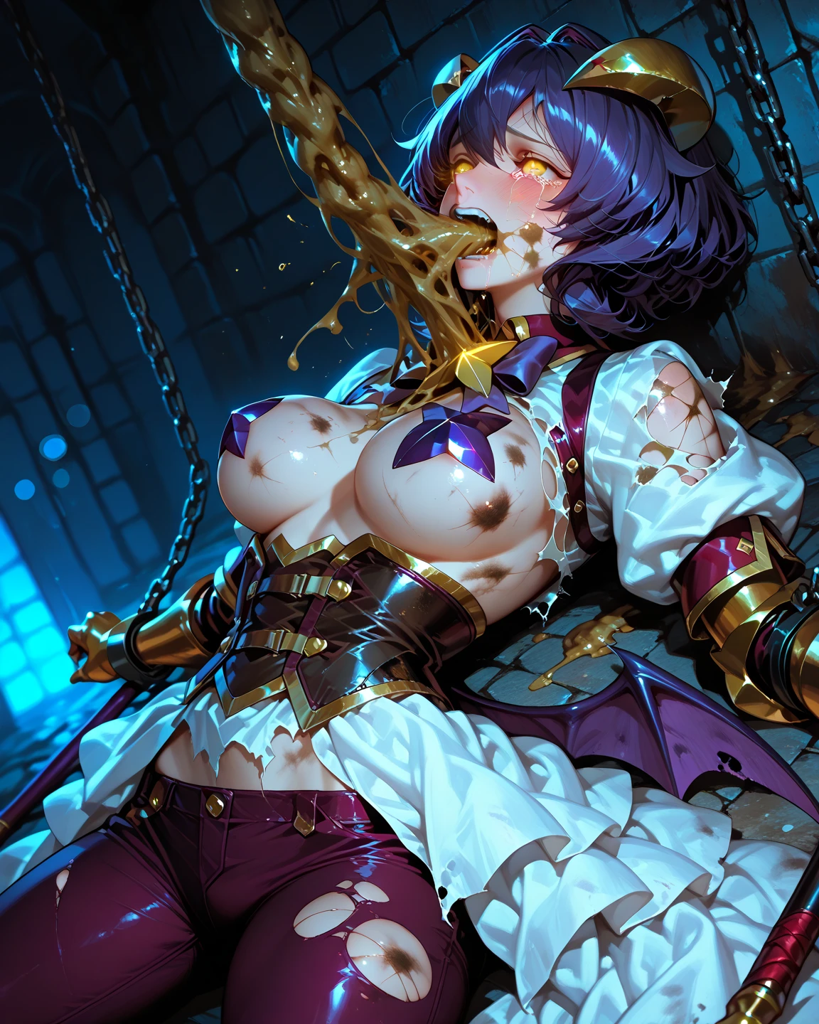 NSFW, masterpiece, best quality, (colorful), (delicate eyes and face), volumetric light, ray tracing, extremely detailed CG unity 8k wallpaper, full body, ramchi, hair over one eye, maid, nude, big breasts, purple ribbon, maid headdress, detached sleeves, looking at viewer, cowboy shot, smile, happy, sitting, from below, captivating pose, futa,