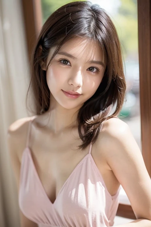 (RAW Photos), (Photorealistic), (masterpiece), (Highest quality), High resolution, 8K, (Intricate details), (Volumetric light), Portraiture, woman, 22 years old, short hair, Straight hair , Layered Hair, Brown Hair, Very beautiful eyes, Source order, Very thin eyebrows, Very fine skin, Very beautiful mouth, Very nice nose, Cute like an idol, Smile, ((Thick lips)), (Looking at the audience ), (Elegant blouse),Cleavage、The bra is blue、Large Breasts、