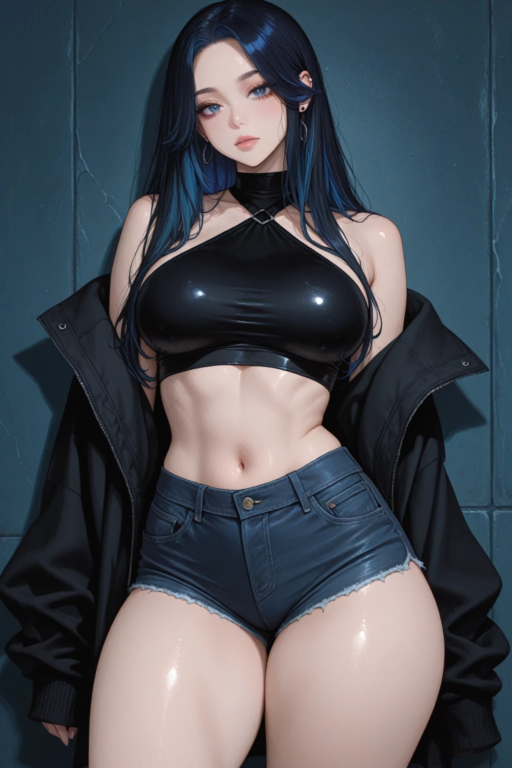 8K, Top Quality, Intricate Details, Ultra Detail, Ultra High Resolution, Masterpiece, close up shot, (full body: 1.1), Slender, Smile, (Makeup: 0.4), ((sexy pose,)), (Fluffy blue Eyes: 1.21), (()), 1girl, solo, 1 girl, ((blue hair, bangs, very long hair, )), close up shot, , ((tall)), (((fit body))), (((slim face))), sharp face, ((wind blow, strong wind, wind blow hair, wind blow )) , (detailed face), sharp face, small lips, perfect hands, (()) ((skin tight open hoodie,)), , (()),, detailed face, detailed breast,, huge breast , ((detailed nipples)), detail ass, Narrow Waist, Skinny, tall , 175 cm tall, Muscular, Navel, Exposed Abdomen, Pointed Chest,, Beautiful girl with accentuated slender abs: 1.4, Six Pack Abs: 1.4, Bust Botox, Big, Perfect Body, detail leg, (( dark background)), black background,