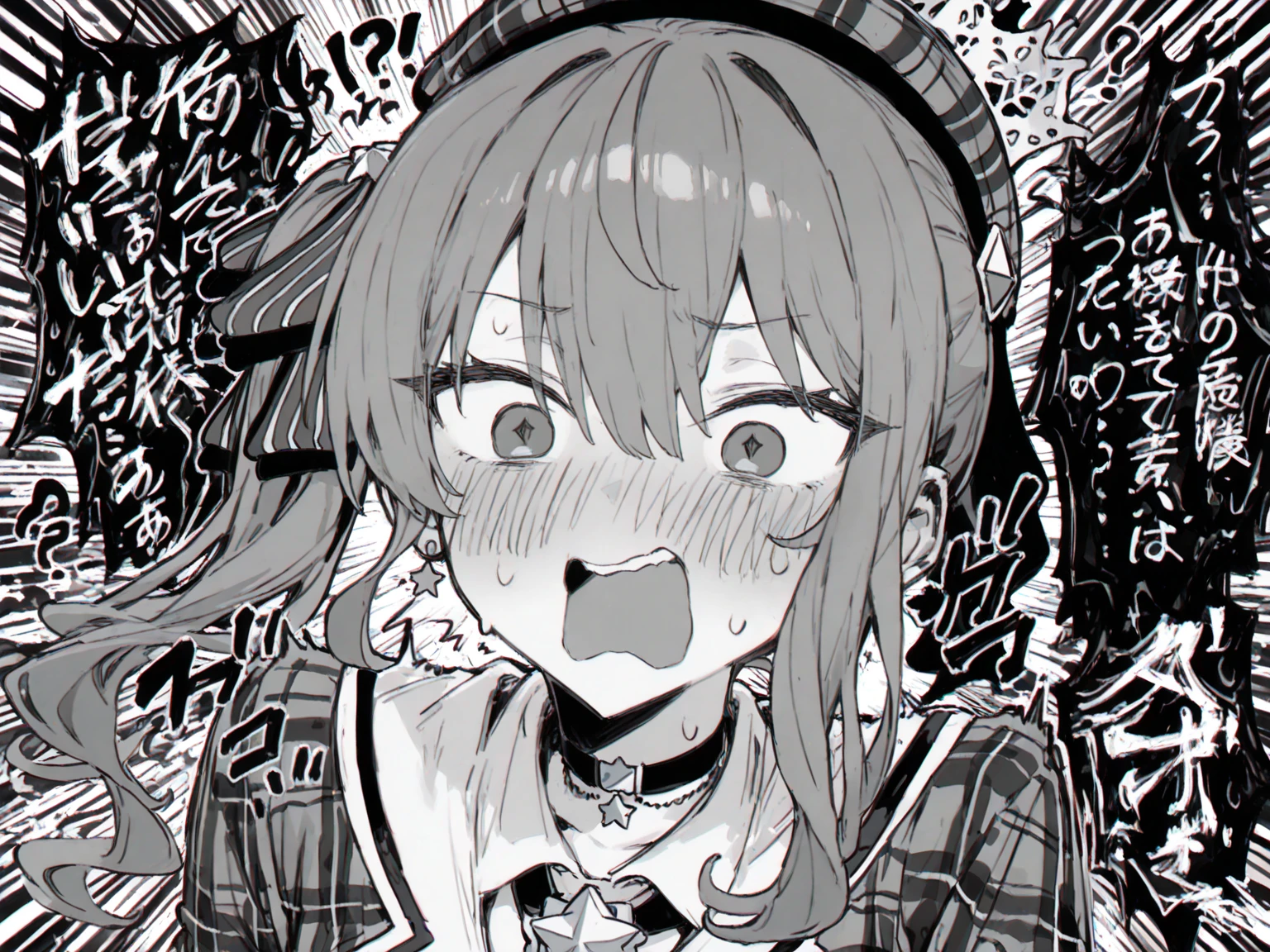 1girl, re:zero kara hajimeru isekai seikatsu: lost in memories, absurdres, absurdres, official art, arms behind back, backlighting, blood, blood on face, blood splatter, blouse, blurry, blurry background, blush, braid, braided ponytail, collarbone, comic, cowboy shot, crazy eyes, crazy smile, depth of field, english text, eyelashes, fisheye, greyscale, hair over one eye, hatching (texture), leaning, leaning forward, linear hatching, long hair, long sleeves, looking at viewer, lower teeth only, miniskirt, monochrome, neckerchief, night, one eye covered, open mouth, outdoors, pleated skirt, pov peephole, ringed eyes, sailor collar, , serafuku, shadow, shirt, side braid, sidelocks, single braid, skirt, smile, solo, speech bubble, standing, straight-on, teeth, yandere, ((very aesthetic, best quality, ultra detailed))