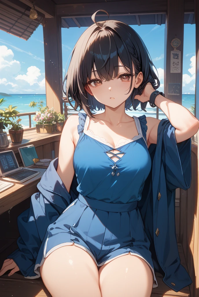 (Highest quality, 8K, 32k, masterpiece, Ultra-high resolution:1.2),Beautiful Japanese Women Photos,Black Short Hair,Facial beauty,(Leaning forward:1.3),squat,(From above:1.2),(close:1.4),throw,,Look at other people,smile, Loose fitting T-shirt,Large Breasts,Beautiful nipple slip,Outdoor,the wind is strong,Shiny skin,Blurred Background