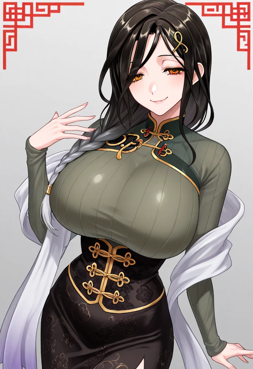 (art: 1.2), (best quality: 1.2) 1 female, Mature, Tall (1.85 cm), appeared to be about 2, had long black hair, straight shiny hair, tied in Chinese Taotist style, icy blood red eyes , extremely detailed eyes, perfect eyes, extremely realistic eyes, well-aligned eyes, long eyelashes, anime style, perfect face, milf face, full lips, smiling, Mature, fair skin, natural body, sexy body, MILF body, perfect hands, detailed hands, hands well proportioned to the body, realistic hands, arms with good anatomy, she only wore a Chinese style green dress decorated in gold and silver that still couldn't hide her extremely large and huge breasts that were hanging down due to the size, thick thighs , wide hips, looking at the viewer, background scene, scene of a Chinese-style pavilion, posing alone Looking at the viewer