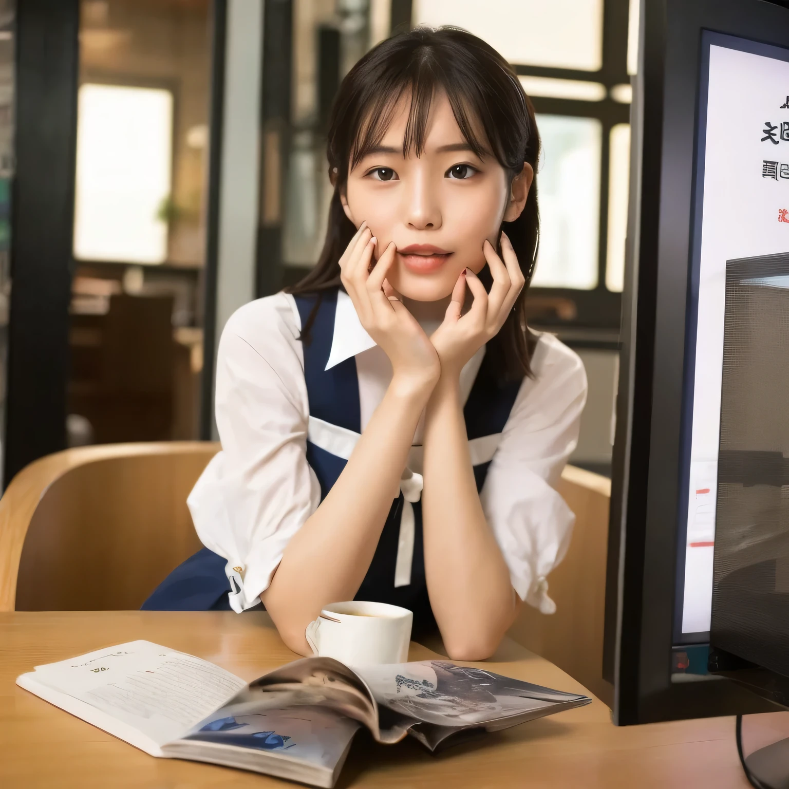 A beautiful girl wearing a neat dark blue and white maid outfit. She is sitting on a fully reclined seat in a typical Japanese manga café semi-private booth. Around her are a computer monitor, a stack of manga books, and a drink cup nearby. She holds both hands near her mouth in a  and delicate pose, as if she's imagining holding something large and important, with a blissful, dreamy expression and slightly parted lips. The object she's pretending to eat is not visible. The atmosphere is warm, soft-lit, cozy, and slightly playful. ロングヘア、黒髪、黒い目。