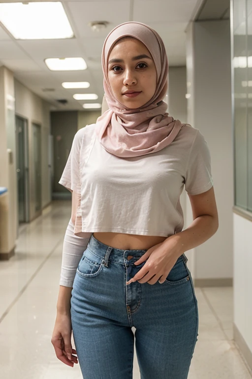 woman,((30 years old)), shirt, beautiful face, white skin, soft smile, pants, hijab