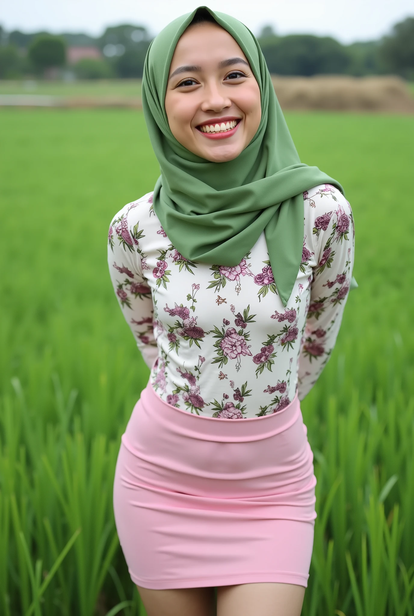 Just Front photo, (thin body) "Facial expression in Happy Orgasm", Wearing flora print hijab, Skinny hijab skinny hijab skinny hijab skinny hijab, (photorealistic:1.6) (Indonesian green Fluorescent hijab), (mini tiny tights Hotpants), background rice paddy. daytime atmosphere, flat chest!, hands behind back while legs astride, Look from the front you are stupid!, wearing Fully pink flora print tight dress chubby pussy