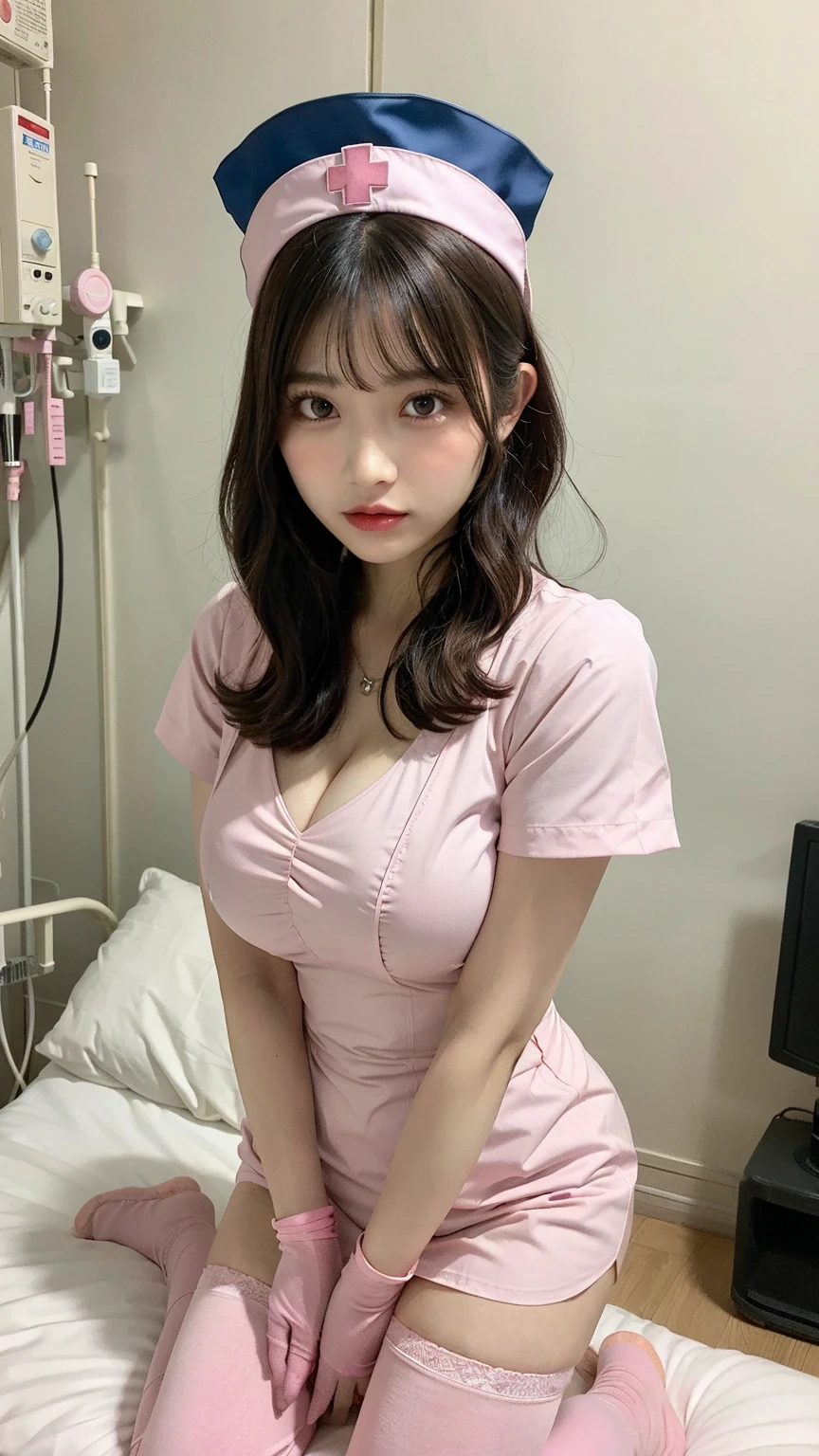 muste piece, best quality, illustration, Super detailed, fine details, High resolution, 8K,wall paper, perfect dynamic composition,(Details High quality, realistic depiction of eyes:1.3), big breasts, short bob hair、black hair color, Big Natural Color Lip, bold sexy pose, crying a little、cold gaze, Harajuku style、20 year old girl、cute type、lolita、beautiful legs, gravure idol, oily shiny thighhigh、(Perfect Pink Nurse Costume:1.5)、pink color panties、short-hair、bouncing hair、Beautiful sister、(hospitals:1.2)、nighttime scene、Hospital Room、a bed、is standing、sexypose、(Beautiful Large Breasts:1.4)、Kneeling on the bedexposed breasts、exposed breasts、Show breasts、exposed breasts、Show breasts、exposed breasts、exposed breasts、Show breasts，full body display，full body display