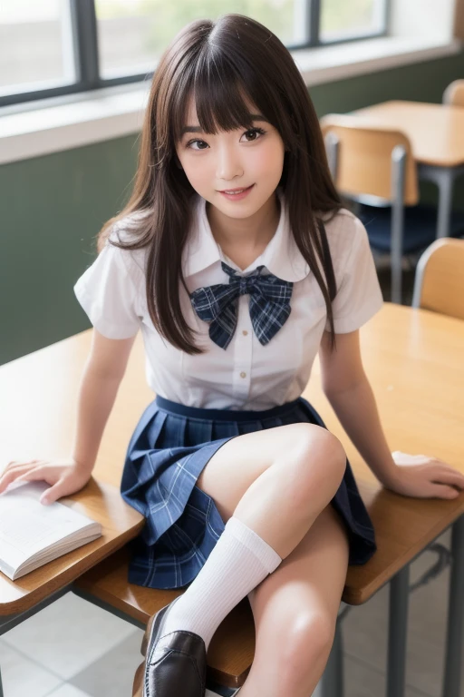(masterpiece, Highest quality:1.2), Surreal school girl, alone, One girl, Yukinoshita Yukino, (Glowing Skin, Wet Skin:1.2), sweating, smile, View your viewers, On all fours, , White shirt, Checked skirt, Knee socks, afternoon, Surreal in the classroom