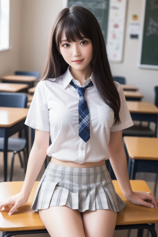 (masterpiece, highest quality:1.2), 8k, Young and beautiful girl, 85mm,Official AR RAW Photos, Baby Face, photo shoot, full-body shot, Cute face, Thighs, in the classroom, Looking at the audience, Embarrassing, smile, No makeup, chromatic aberration, Sharp focus, Face Light, Detailed face, ((((((14 year old)))))), small breasts, White shirt, blue plaid short dress, The shirt button opens, pink bra, pink panties, underwear exposed