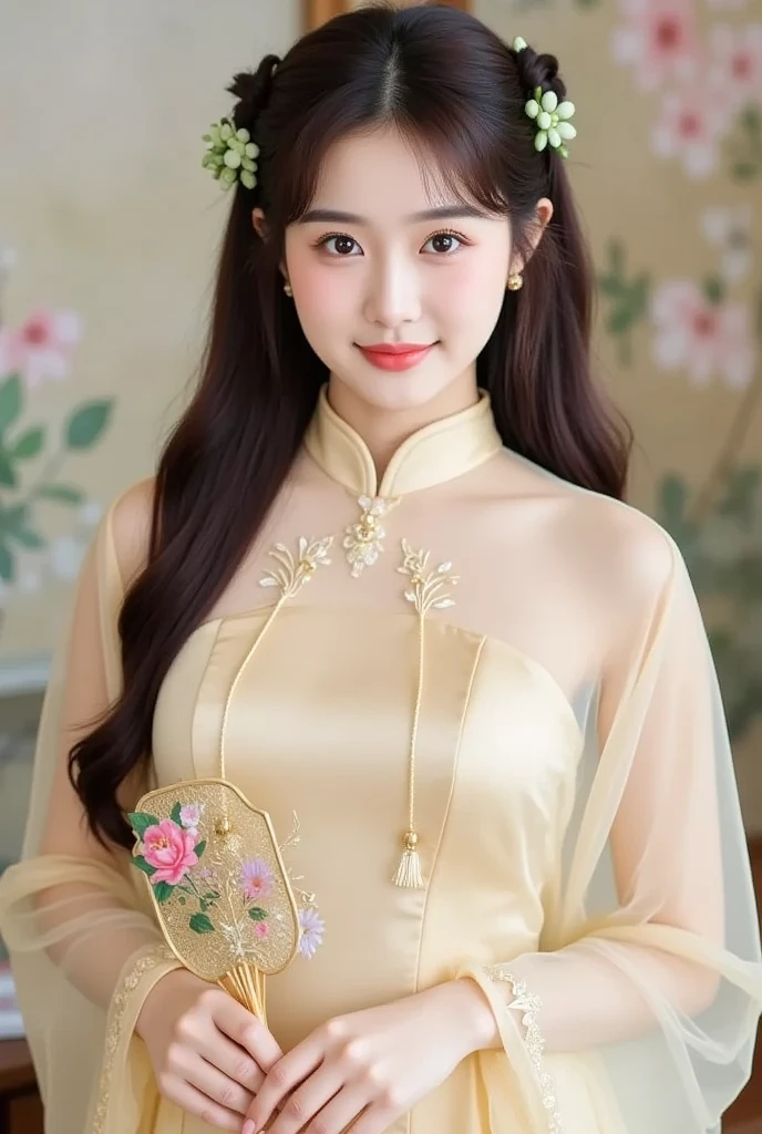 （Hyperrealistic,）4K,35mm，hyper-high detail, Professional lighting, Best quality, Ultra-high resolution, Visually stunning, (1girll:1.3), National style （on cheongsam）,realskin,（Perfect body 1.3）Ultra-delicate face。