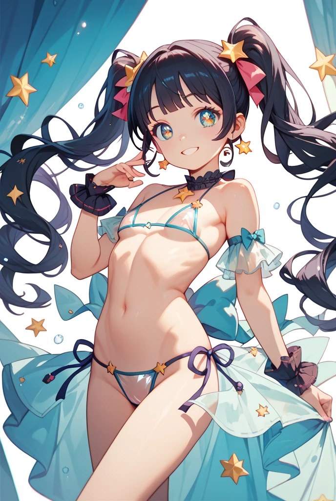 {Japan slender beauty}, high resolution, best quality, super detail, {full body}, rainbow swimsuit, wedge, fine details, no blush, bite, skirted, arms up
