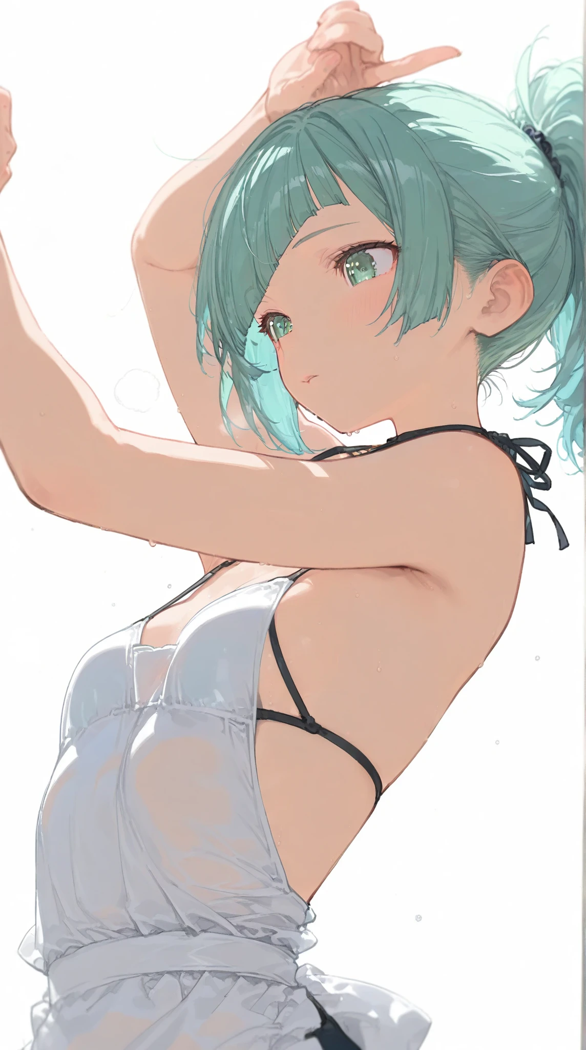 masterpiece, best quality, standing, straight-on,1girl,  beltbra, wide hips, groin, hip bones,  small breasts, stomach, cleavage, collarbone, solo, purple eyes, green hair, hair between eyes, bangs, sidelocks, ponytail, dolphin shorts, pink shorts, looking at viewer, sweat, thighs