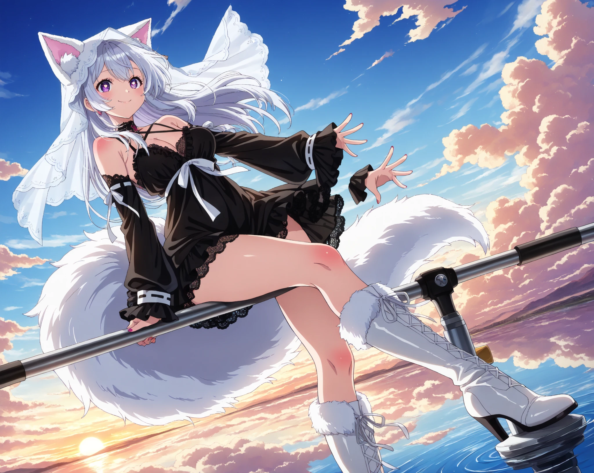 masterpiece,1girl,solo,((in_tree)),white_hair,long_hair,white_dress,collarbone,mole_under_eyes,light_smile,school_uniform,white_legwear,medium_breasts,off_shoulder,falling_leaf.flower,hair_ornament,red eyes