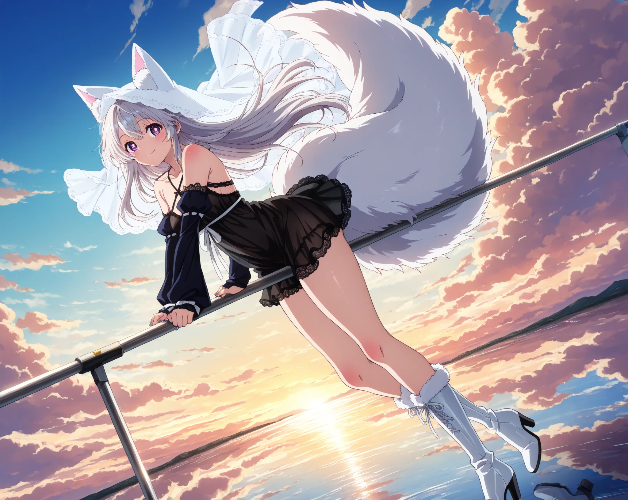 Masterpiece((tmasterpiece)),(White color blouse),((black micro skirt)),(Black transparent stockings),adolable,is shy,(Long yellow)Hair,red bowtie,long leges,(Have by the sea),(Facing the sea),Open navel,No shoes on,cat ear,