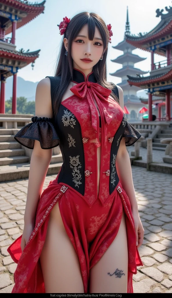 masterpiece, top quality, high detailed, detailed face, bright Eyes, exterior, blurred background, dynamic poses, dynamic angle, (from the front),standing, (small breasts),(neckline),(see through dress),(Thinking in the future:1.5), xianglingdef, happy, Laugh, hot and spicy, happy, In an old traditional Chinese restaurant.