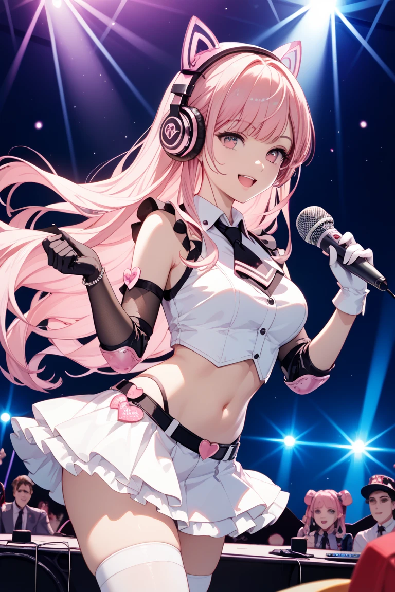 absurderes、ultra-detailliert、​masterpiece、top-quality、BREAK、Official art、（Beautifully Aesthetic：１.２）、（watercolor paiting：Curly）、BREAK、Devilish Pretty Girl 1.2、a beauty girl、（kawaii：⒈３）、sixteen years old、BREAK、((split-colored hair:1.4、Pink hair:1.4))、striated hair、((Random hairstyle))Splash、（Hair mixed in random colors：１.２）、(フラクタルアート1.３)、BREAK、Cat's ears、A sexy、（Cat gloves、Fluffy hands）、BREAK、Like a cat's paw、Short socks、humanoide、BREAK、((Idol Costumes、Love Live Costume))BREAK、((heterochromia iridis、BREAK、Variegated eyes))、BREAK、Since a while ago:1.2、Look at viewers、BREAK、((AI Concert:1.4))、BREAK、livestream、BREAK、Lighting with neon glow、Shyness、red blush、Happy smiling face、BREAK、Professional stage、BREAK、profetional lighting、BREAK、Stick your butt out and sing、BREAK、Sing while holding the microphone in your left hand、Cute panties、Cute embroidery white:1.Ugly string panties:1.2 Skirt Lift Up