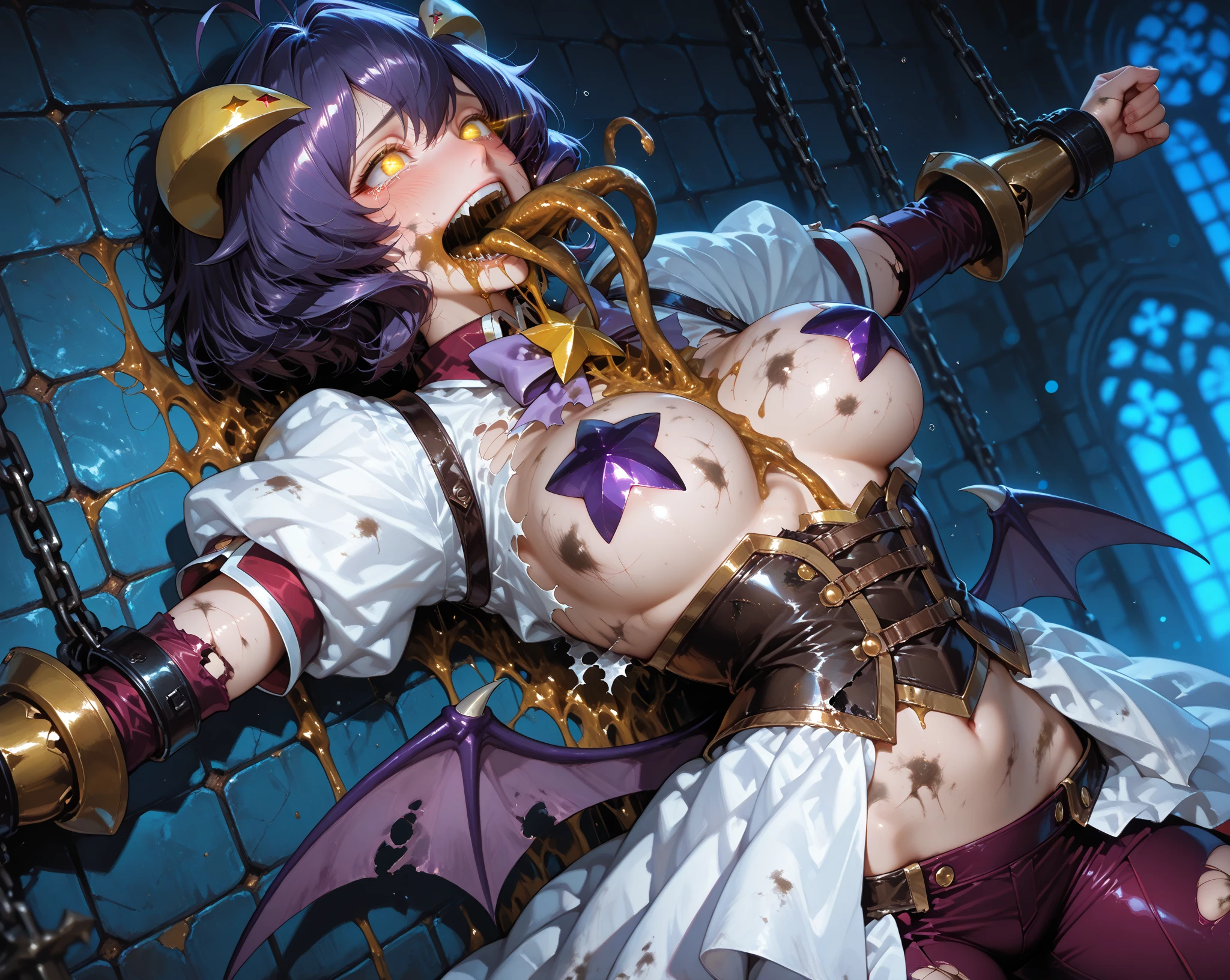 (High quality, high image quality:1.4),one girl resolution clear details, peeking from below,tentacle nest purple hair, short hair, swaying hair,dark skin shine ??????, pervert, exposure, beautiful nipples, big breasts, shaking, cage, Defeated by ???? slave, shame, exposed person, ????????????, waist floating, slimy, sweat, Blushing, pleasure, ??? toys, sexual orgasms, shocking orgasms, sitting, winking, vaginal penetration, thick vibrator ???, open pussy,Slimy and wet,Fluffy, soft, sticky, slimy, creamy,mucus,It feels so good,can't win against ???? Soggy and wet body,Fluffy, soft, sticky, slimy, creamy,woman having ??? with a tentacle,open eyes,tied up,Hot, so hot, so horny,Long live the tentacles,vicious tentacles,tentacle ????, drunk,tentacle ???????,I get ????? when a cock is inserted into me,?????? anime,Happy,meaty cream,love decoration
