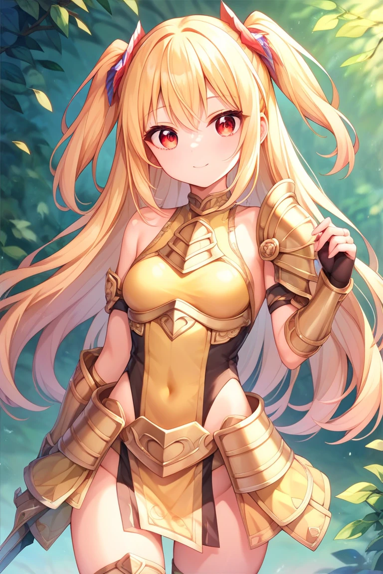 (masterpiece),(best quality),(ultra-detailed),(best illustration),(best shadow),(absurdres),(detailed background),(very aesthetic), 1girl, solo, long-hair, blonde-hair, armor, breasts, navel, boots, looking-at-viewer, cleavage, medium-breasts, armored-boots, midriff, bare-shoulders, simple-background, antenna-hair, high-heels, green-eyes, standing, hair-ornament, gauntlets, greaves, bikini-armor, skirt, gloves, collarbone, blue-eyes, very-long-hair, aqua-eyes, high-heel-boots, floating-hair, smile elbow-gloves, ((golden armor))